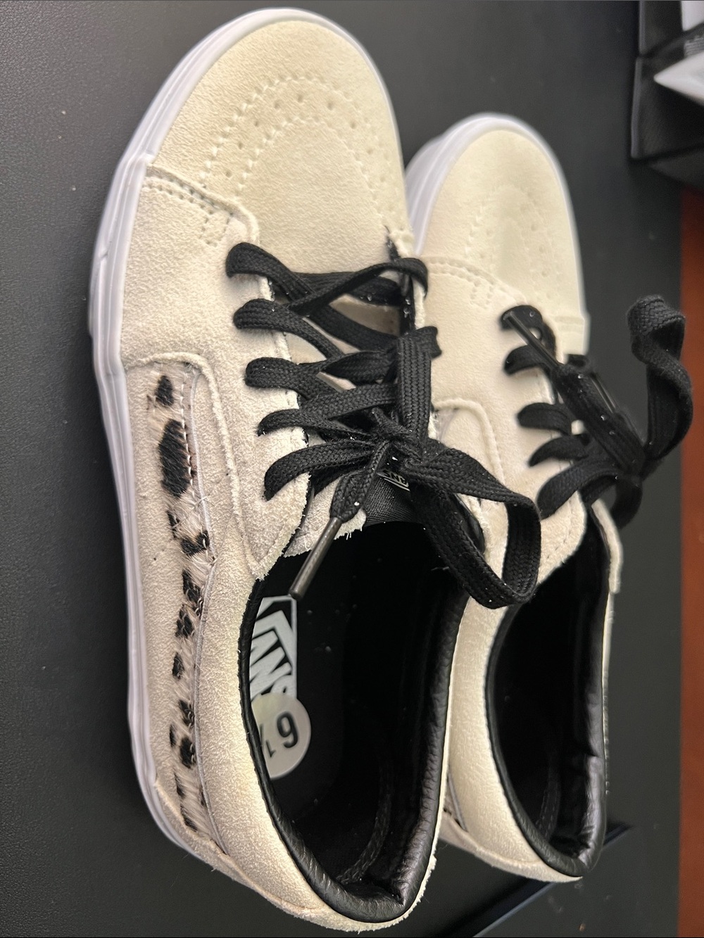 Vans Cream Suede Low-Top Sneakers with Black Laces and Leopard Accent